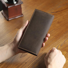 Handmade Coffee Leather Mens Bifold Long Wallets Personalized Black Checkbook Wallet for Men