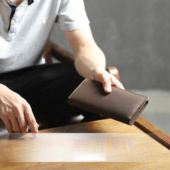 Handmade Coffee Leather Mens Bifold Long Wallets Personalized Black Checkbook Wallet for Men