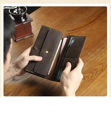 Handmade Coffee Leather Mens Bifold Long Wallets Personalized Black Checkbook Wallet for Men