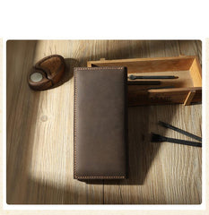 Handmade Coffee Leather Mens Bifold Long Wallets Personalized Black Checkbook Wallet for Men