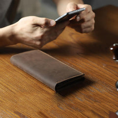 Handmade Coffee Leather Mens Bifold Long Wallets Personalized Black Checkbook Wallet for Men