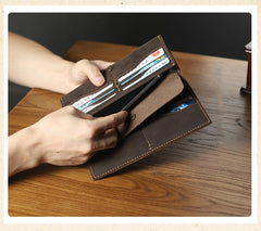 Handmade Coffee Leather Mens Bifold Long Wallets Personalized Black Checkbook Wallet for Men