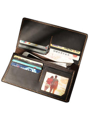 Handmade Black Leather Mens Bifold Long Wallets Personalized Black Checkbook Wallets for Men