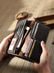 Handmade Black Leather Mens Bifold Long Wallets Personalized Black Checkbook Wallets for Men