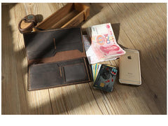 Handmade Black Leather Mens Bifold Long Wallets Personalized Black Checkbook Wallets for Men