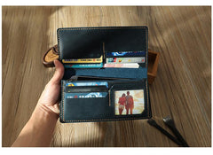 Handmade Coffee Leather Mens Bifold Long Wallets Personalized Coffee Checkbook Wallets for Men