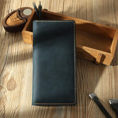 Handmade Blue Leather Mens Bifold Long Wallets Personalized Blue Checkbook Wallets for Men