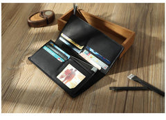 Handmade Black Leather Mens Bifold Long Wallets Personalized Black Checkbook Wallets for Men