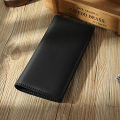 Handmade Black Leather Mens Bifold Long Wallets Personalized Black Checkbook Wallets for Men