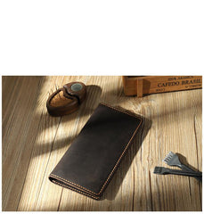 Handmade Black Leather Mens Bifold Long Wallets Personalized Black Checkbook Wallets for Men