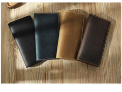 Handmade Coffee Leather Mens Bifold Long Wallets Personalized Coffee Checkbook Wallets for Men