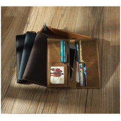 Handmade Coffee Leather Mens Bifold Long Wallets Personalized Coffee Checkbook Wallets for Men