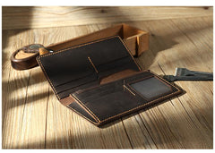 Handmade Black Leather Mens Bifold Long Wallets Personalized Black Checkbook Wallets for Men