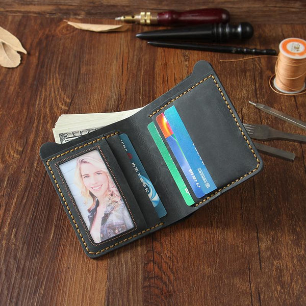 Handmade Black Leather Mens Billfold Wallet Personalize Black Bifold Small Wallets for Men