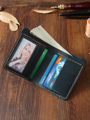 Handmade Black Leather Mens Billfold Wallet Personalize Black Bifold Small Wallets for Men