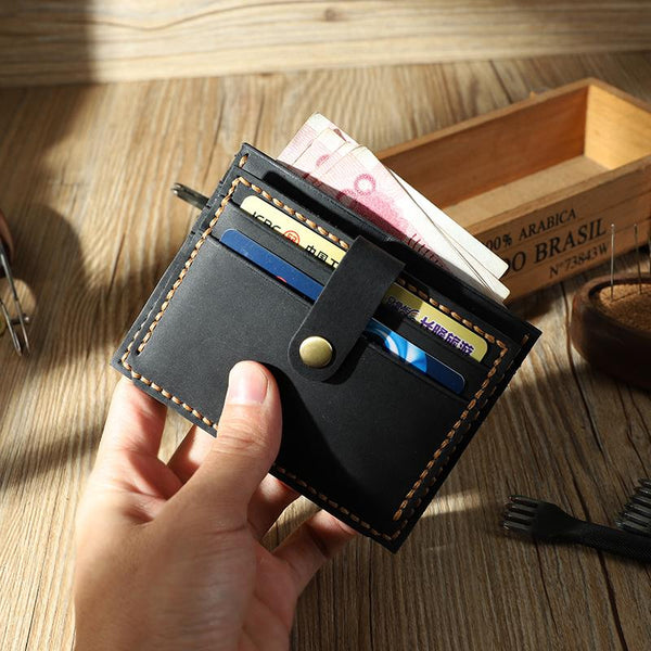 Handmade Black Leather Mens Slim Front Pocket Wallet Personalized Slim Card Wallets for Men