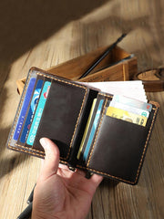 Handmade Coffee Leather Mens Trifold Billfold Personalized Trifold Small Wallets for Men