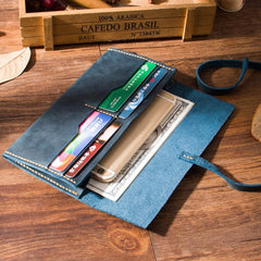 Handmade Blue Leather Womens Long Wallets Personalized Wrap Tie Checkbook Wallet for Men