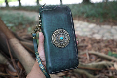 Handmade Leather Tibetan Totem Long Wallet Cool Zipper Clutch Chain Wallet for Men