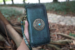 Handmade Green Leather Tibetan Totem Long Wallet Cool Zipper Chain Wristlet Wallet for Men