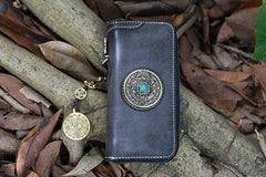 Handmade Leather Tibetan Totem Long Wallet Cool Zipper Clutch Chain Wallet for Men