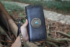 Handmade Leather Tibetan Totem Long Wallet Cool Zipper Clutch Chain Wallet for Men