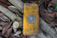 Handmade Tan Leather Tibetan Totem Long Wallet Cool Zipper Clutch Wristlet Wallet for Men