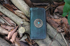 Handmade Leather Tibetan Totem Long Wallet Cool Zipper Clutch Chain Wallet for Men