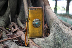 Handmade Tan Leather Tibetan Totem Long Wallet Cool Zipper Clutch Wristlet Wallet for Men