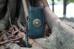 Handmade Leather Tibetan Totem Long Wallet Cool Zipper Clutch Chain Wallet for Men