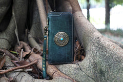 Handmade Tan Leather Tibetan Totem Long Wallet Cool Zipper Clutch Wristlet Wallet for Men