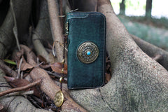 Handmade Leather Tibetan Totem Long Wallet Cool Zipper Clutch Chain Wallet for Men