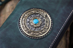 Handmade Green Leather Tibetan Totem Long Wallet Cool Zipper Chain Wristlet Wallet for Men