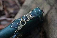 Handmade Green Leather Tibetan Totem Long Wallet Cool Zipper Chain Wristlet Wallet for Men