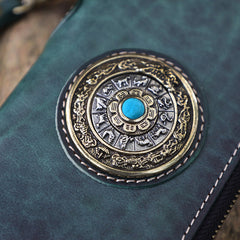 Handmade Green Leather Tibetan Totem Long Wallet Cool Zipper Chain Wristlet Wallet for Men