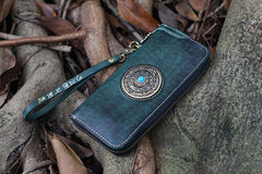 Handmade Leather Tibetan Totem Long Wallet Cool Zipper Clutch Chain Wallet for Men