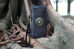 Handmade Green Leather Tibetan Totem Long Wallet Cool Zipper Chain Wristlet Wallet for Men