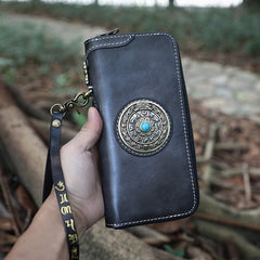 Handmade Leather Tibetan Totem Long Wallet Cool Zipper Clutch Chain Wallet for Men