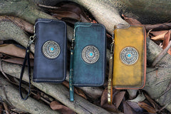 Handmade Leather Tibetan Totem Long Wallet Cool Zipper Clutch Chain Wallet for Men