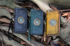 Handmade Tan Leather Tibetan Totem Long Wallet Cool Zipper Clutch Wristlet Wallet for Men