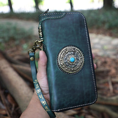 Handmade Leather Tibetan Totem Long Wallet Cool Zipper Clutch Chain Wallet for Men