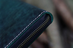 Handmade Green Leather Tibetan Totem Long Wallet Cool Zipper Chain Wristlet Wallet for Men