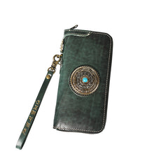 Handmade Leather Tibetan Totem Long Wallet Cool Zipper Clutch Chain Wallet for Men