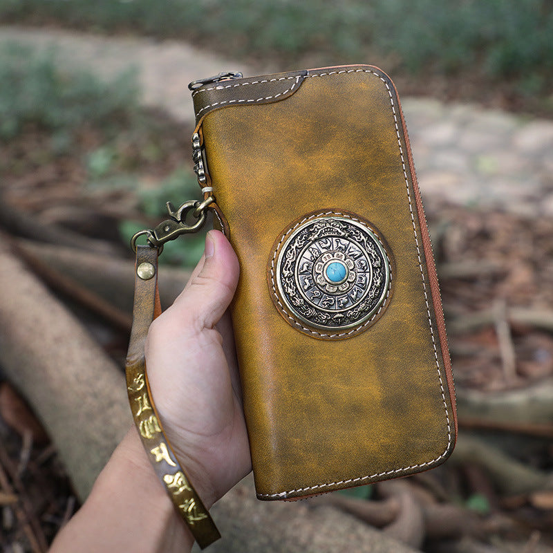 Handmade Leather Tibetan Totem Long Wallet Cool Zipper Clutch Chain Wallet for Men