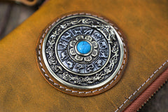 Handmade Leather Tibetan Totem Long Wallet Cool Zipper Clutch Chain Wallet for Men