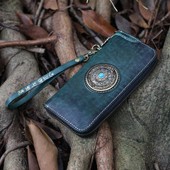 Handmade Leather Tibetan Totem Long Wallet Cool Zipper Clutch Chain Wallet for Men