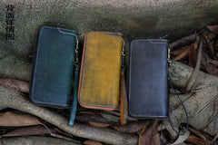 Handmade Leather Tibetan Totem Long Wallet Cool Zipper Clutch Chain Wallet for Men