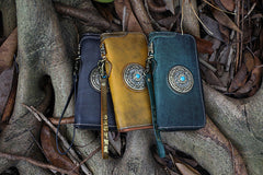 Handmade Tan Leather Tibetan Totem Long Wallet Cool Zipper Clutch Wristlet Wallet for Men