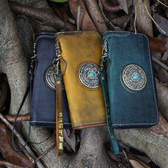 Handmade Leather Tibetan Totem Long Wallet Cool Zipper Clutch Chain Wallet for Men