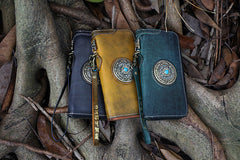 Handmade Green Leather Tibetan Totem Long Wallet Cool Zipper Chain Wristlet Wallet for Men